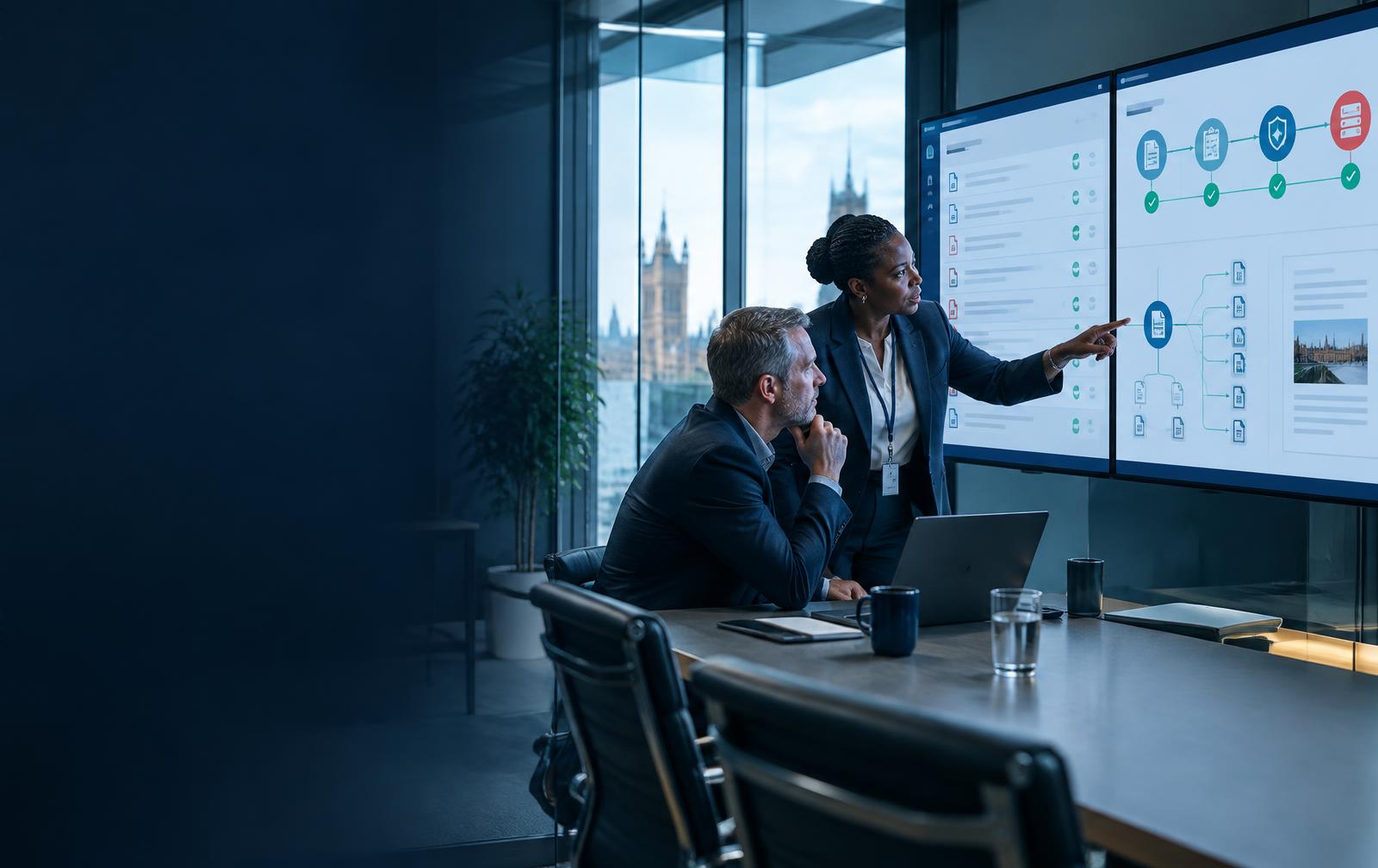 Procurement specialists reviewing a controlled tender evidence workflow